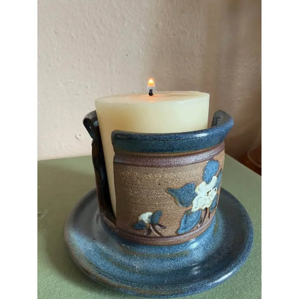 Signed Studio Pottery Floral Candle Holder – Handcrafted Blue & Brown Stoneware